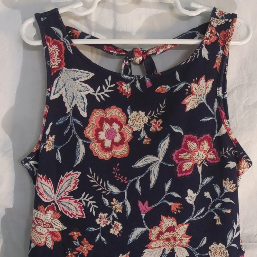 Old Navy | Knit Floral Print Dress Scoop Back Tie Navy Blue | L (10-12)